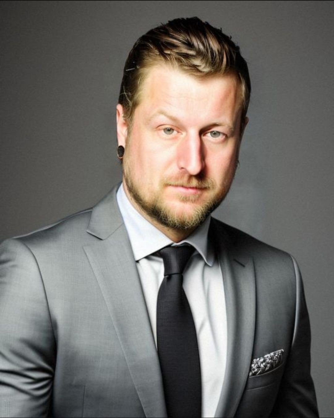 Person wearing a sleek gray suit with a black tie and a patterned pocket square.
